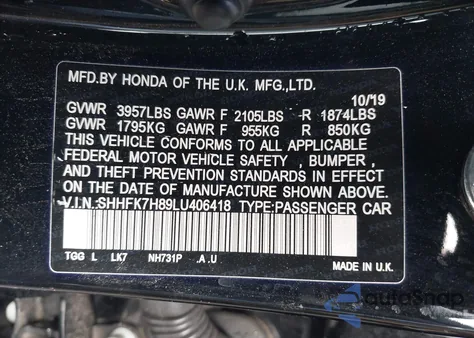 2020 Hond Civic Hatchback Ex-L Ex-L z USA, uszkodzony, nr VIN SHHFK7H89LU406418